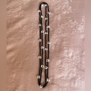 Handmade Black Seed Bead Necklace with White Floral Accents